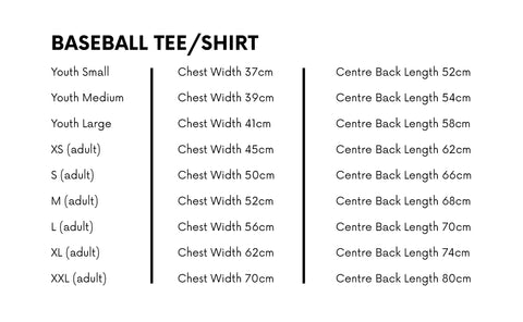 Baseball Shirt - Size Chart